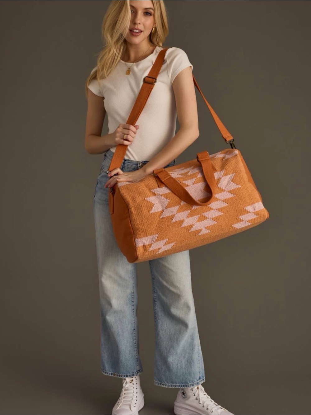 Aztec-Pattern Rust Orange Travel Weekender Bag - Picture 2 of 3